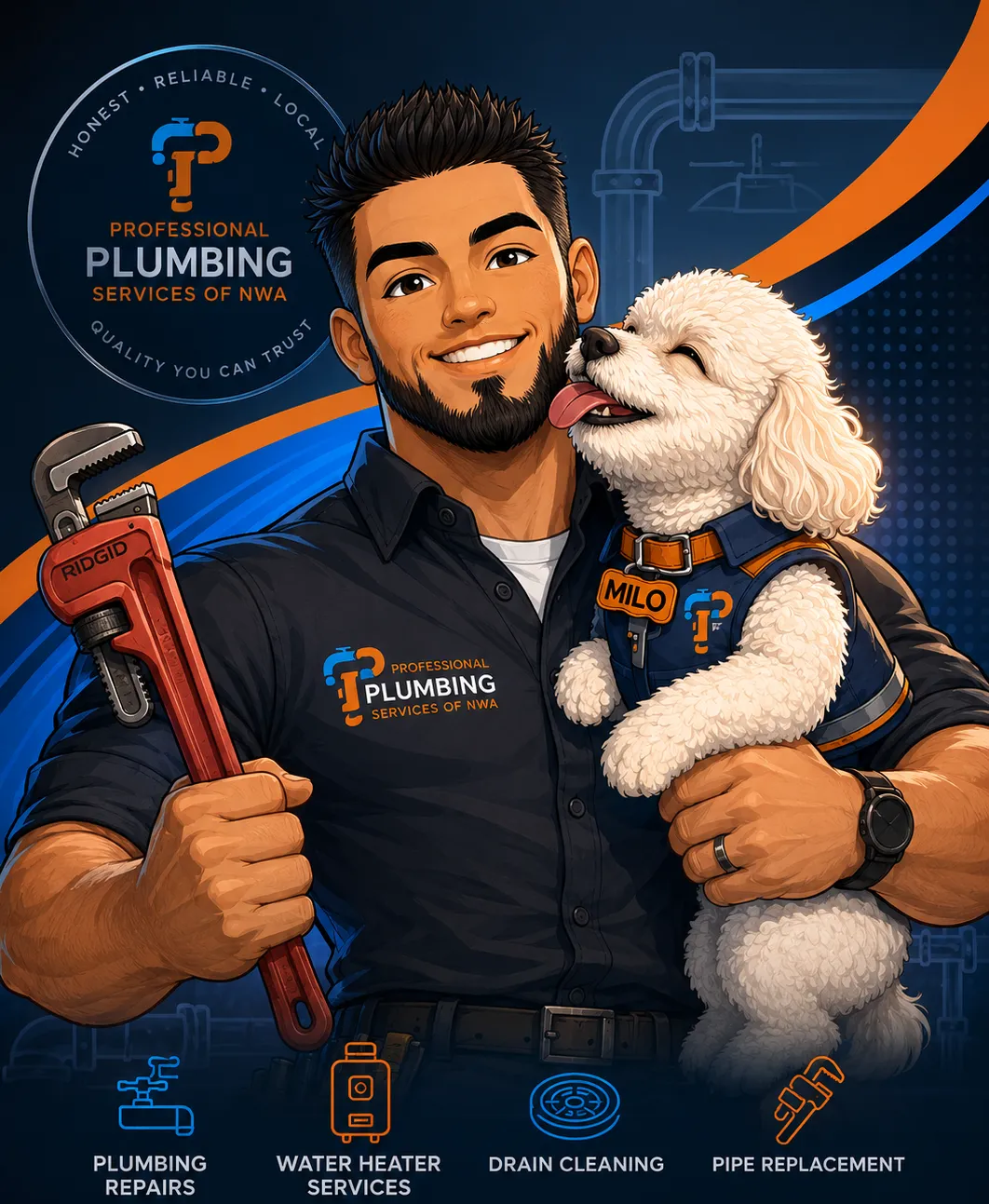 Raul, owner of Professional Plumbing Services of NWA, with Milo