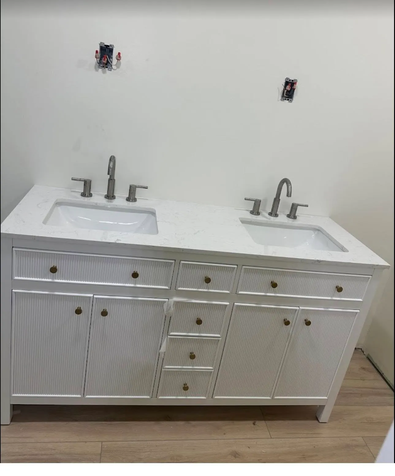 Completed double-sink bathroom vanity installation
